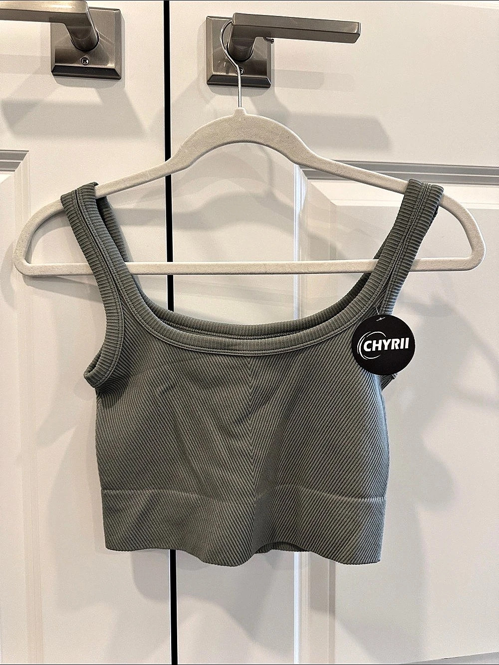 CHYRII Womens Summer Square Neck Ribbed Tank Crop Top Gray Small